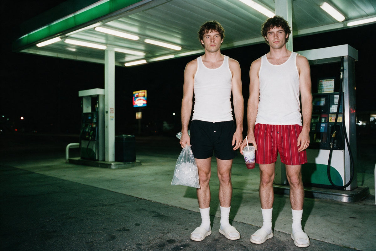 Two men in white tanks and boxers under a gas station canopy at night
