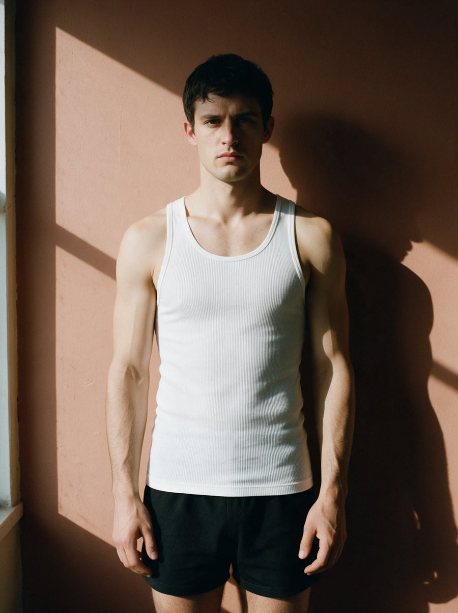 Man in a white ribbed tank top against a clay wall