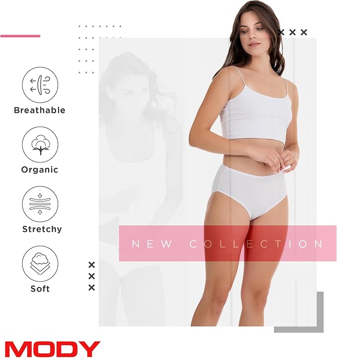 A woman modeling white underwear and a matching white camisole against a light gray background with feature icons and text reading 'Breathable', 'Organic', 'Stretchy', 'Soft', and 'NEW COLLECTION'. The brand name 'MODY' appears in red at the bottom left.