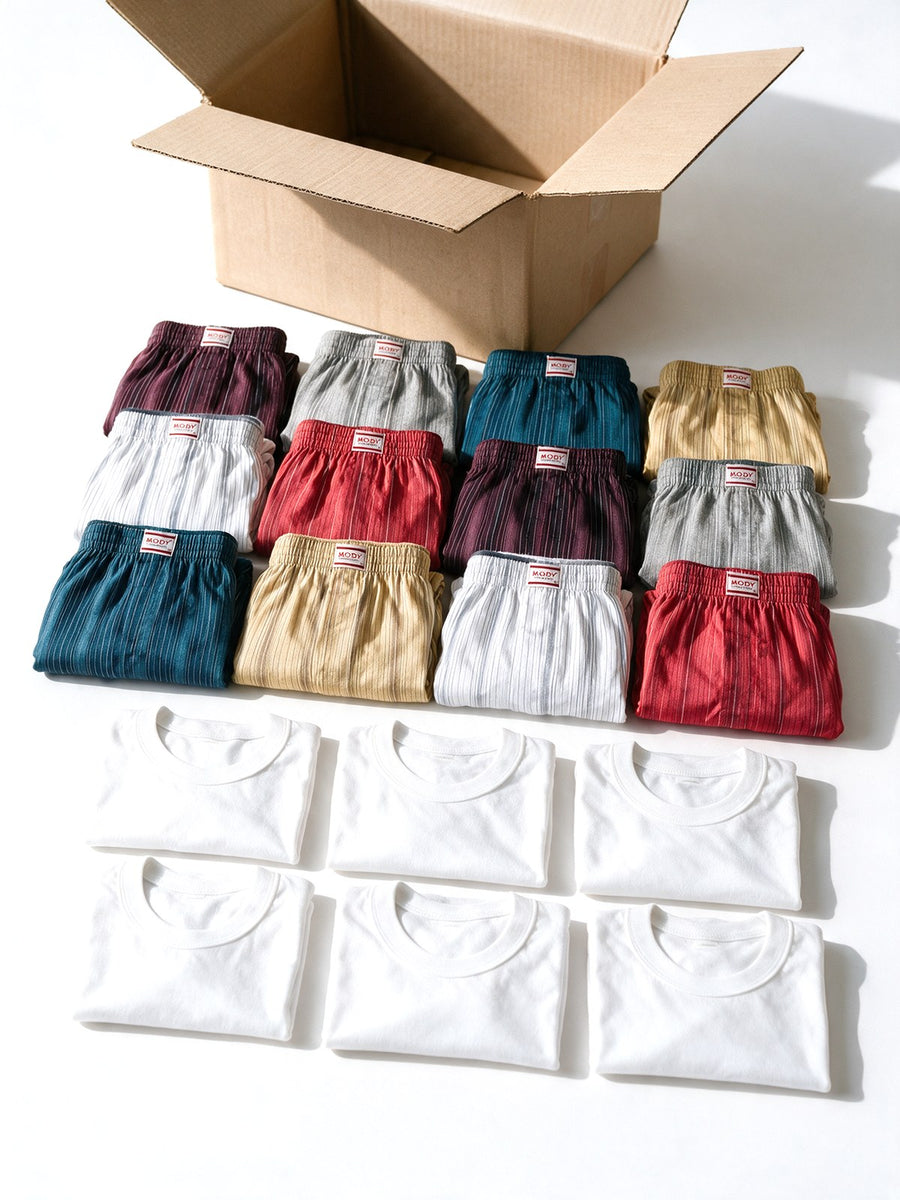 Essentials bundle, open box with 12 boxers and 6 undershirts