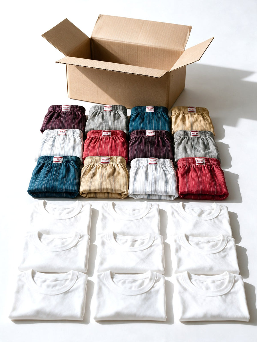Essentials XL bundle, open box with 12 boxers and 9 undershirts