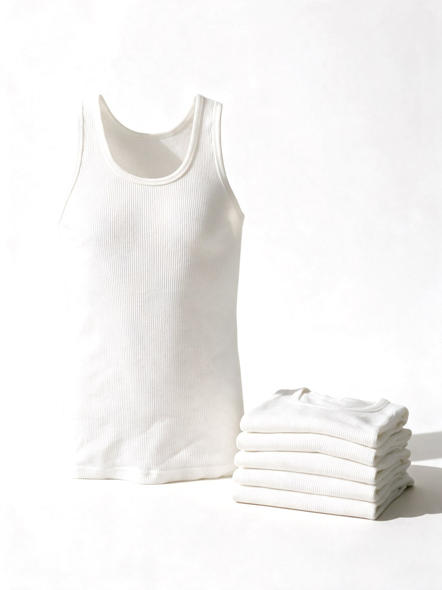 Six pack of white ribbed tank tops