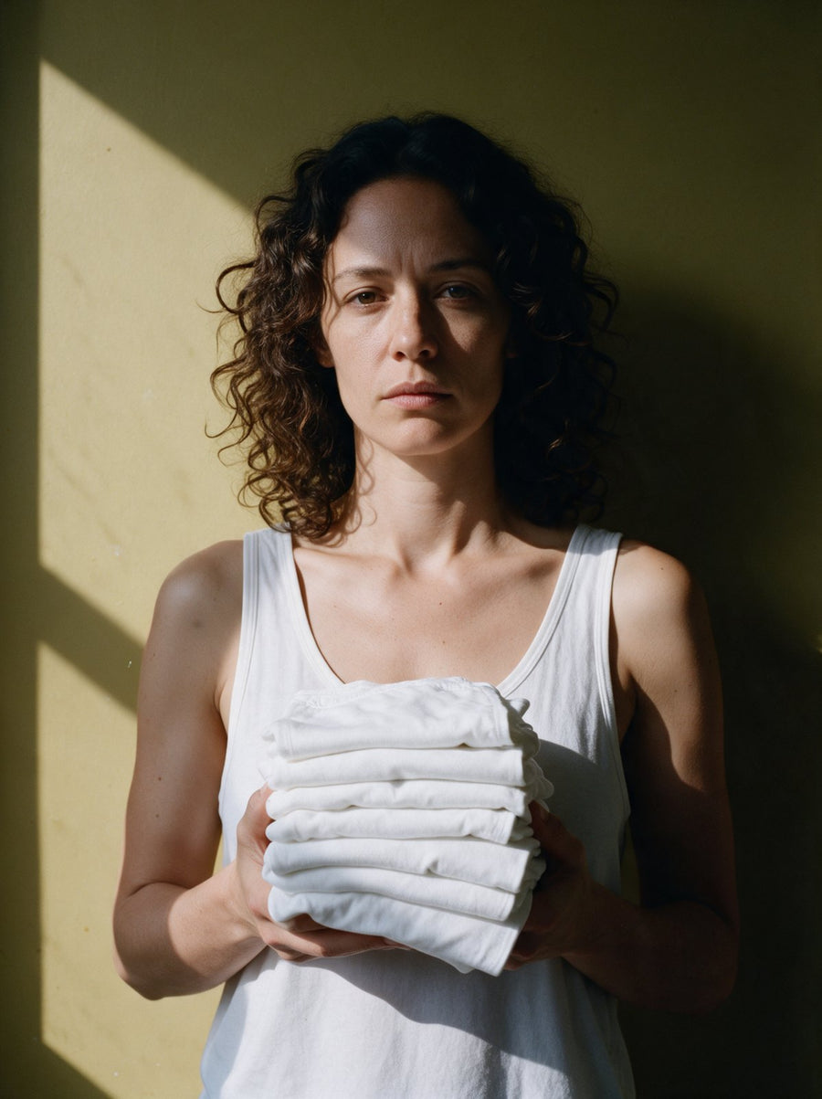 Woman holding a stack of folded white briefs against a mustard wall