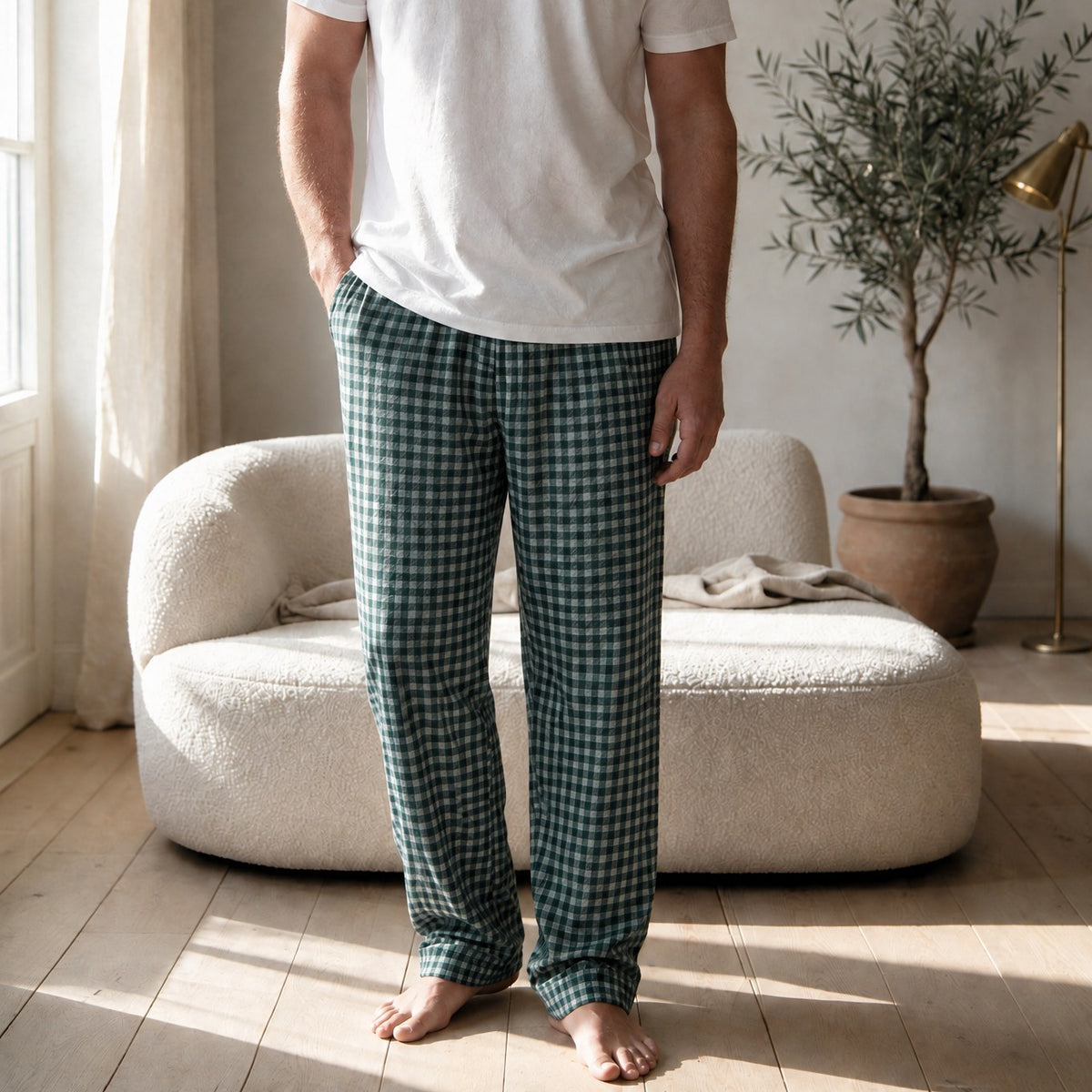 Mody men's green plaid flannel lounge pants worn by model