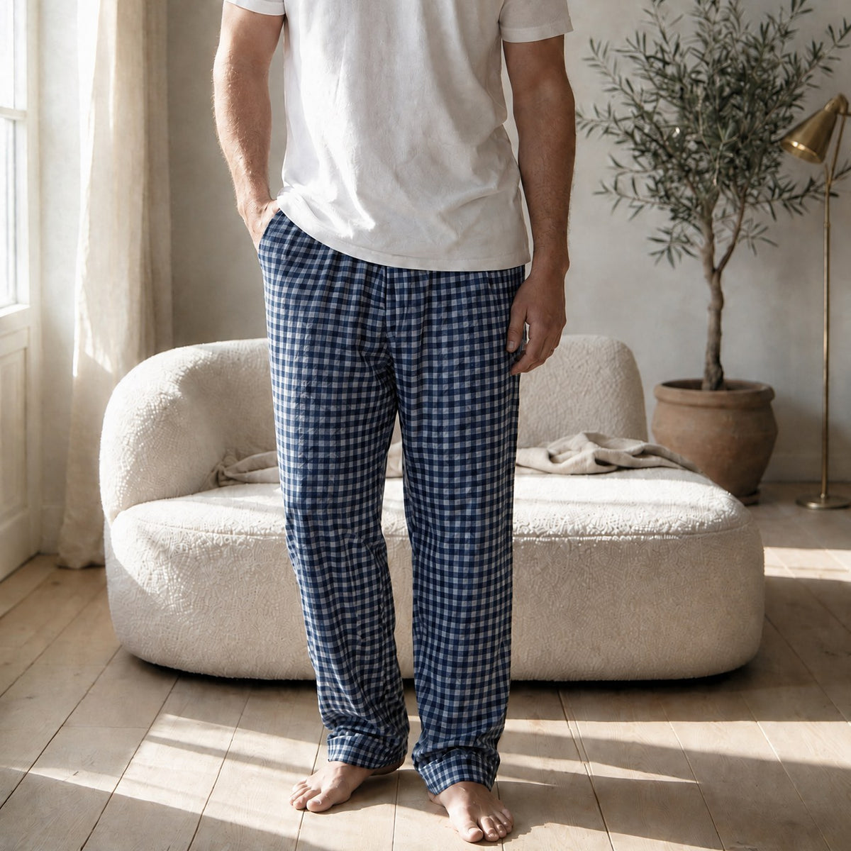 Mody men's navy plaid flannel lounge pants worn by model