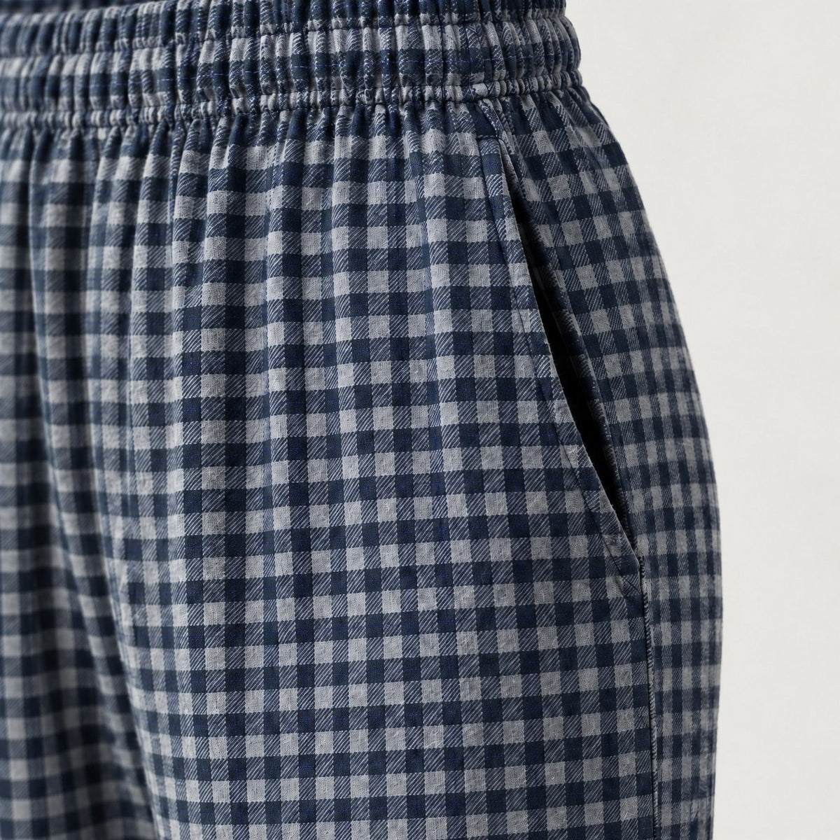 Mody men's navy plaid flannel lounge pants side pocket detail