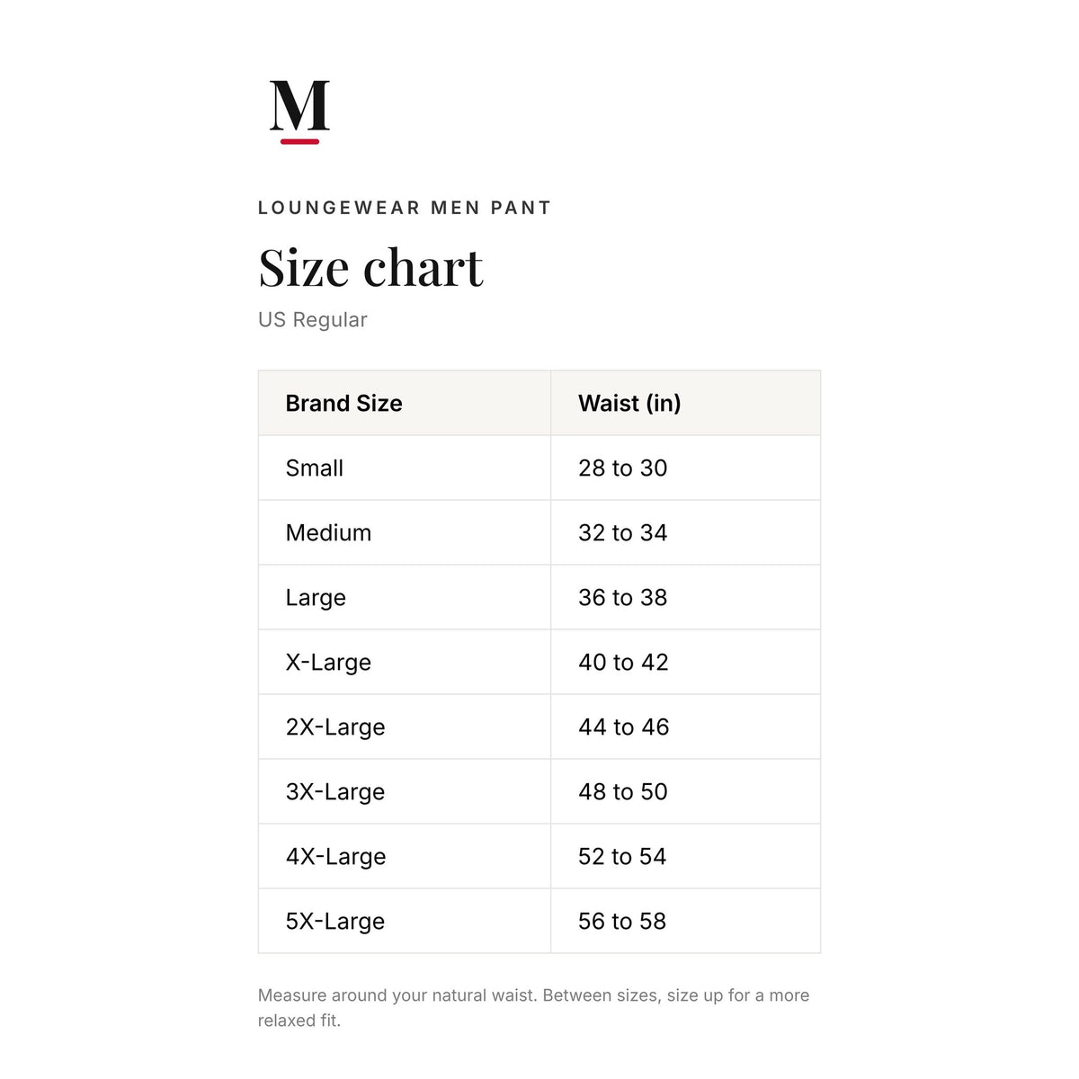 Mody men's lounge pants size chart