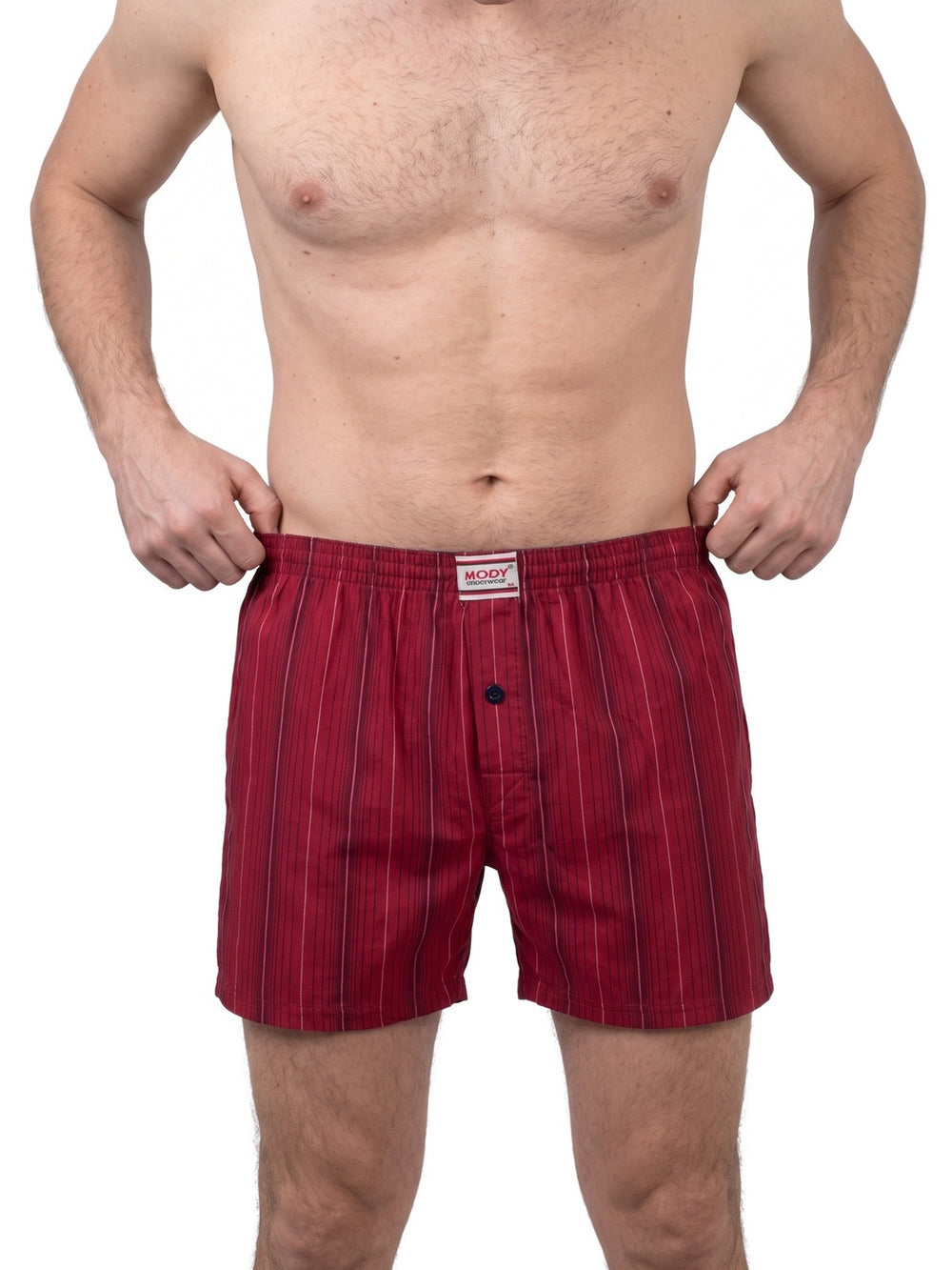 Cotton boxer shorts on model, front