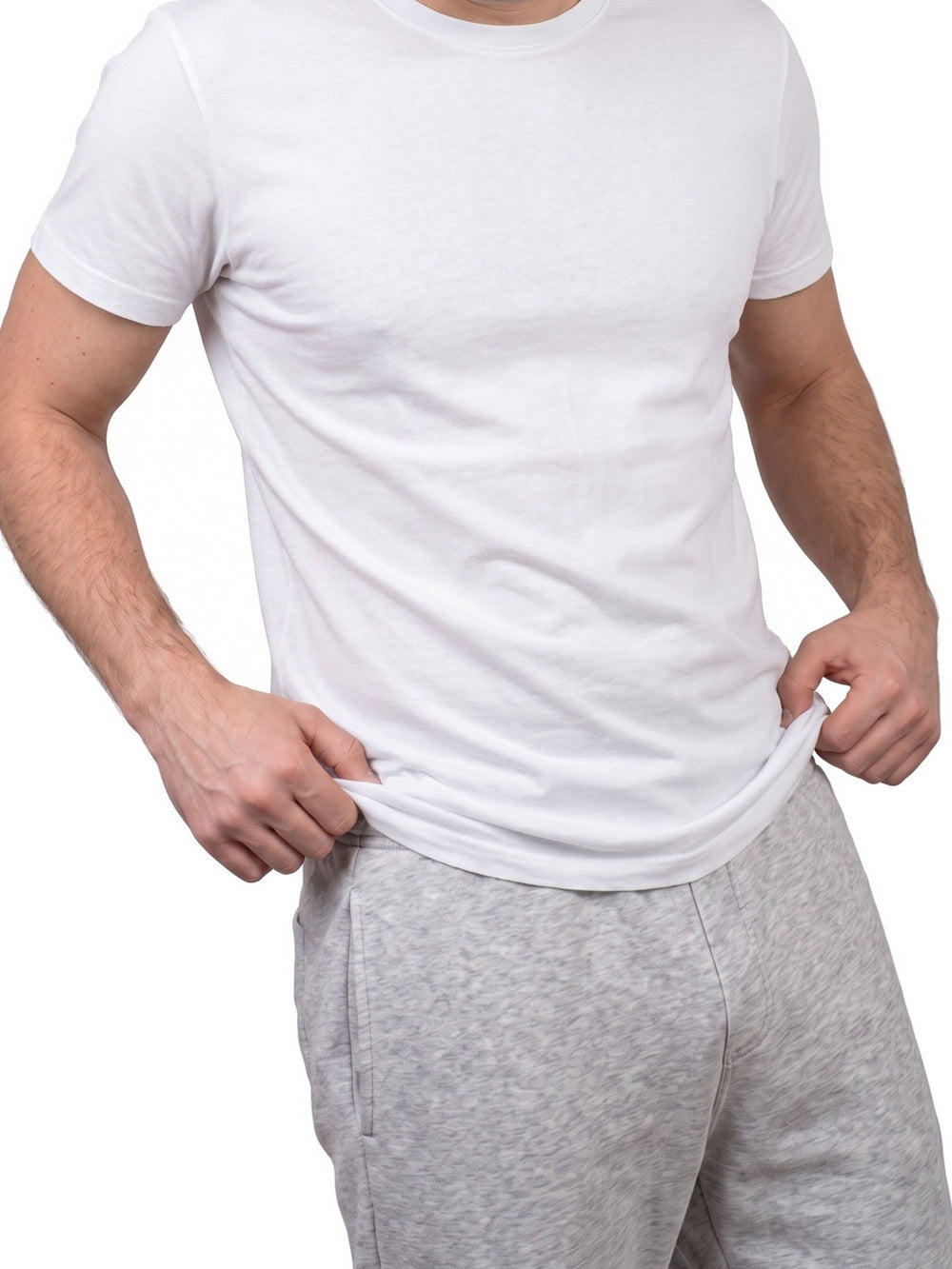 White crew neck undershirt on model, front