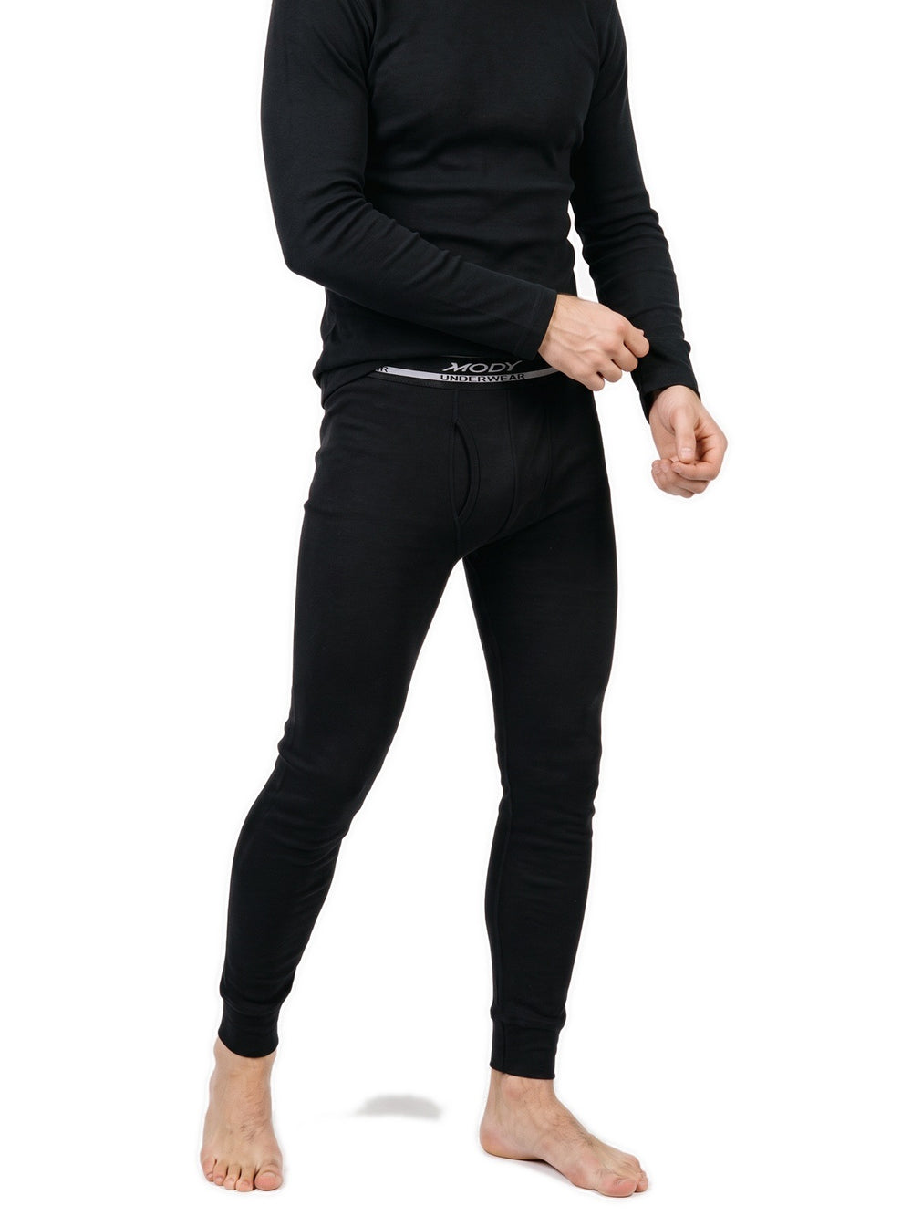Black thermal underwear set on model, front
