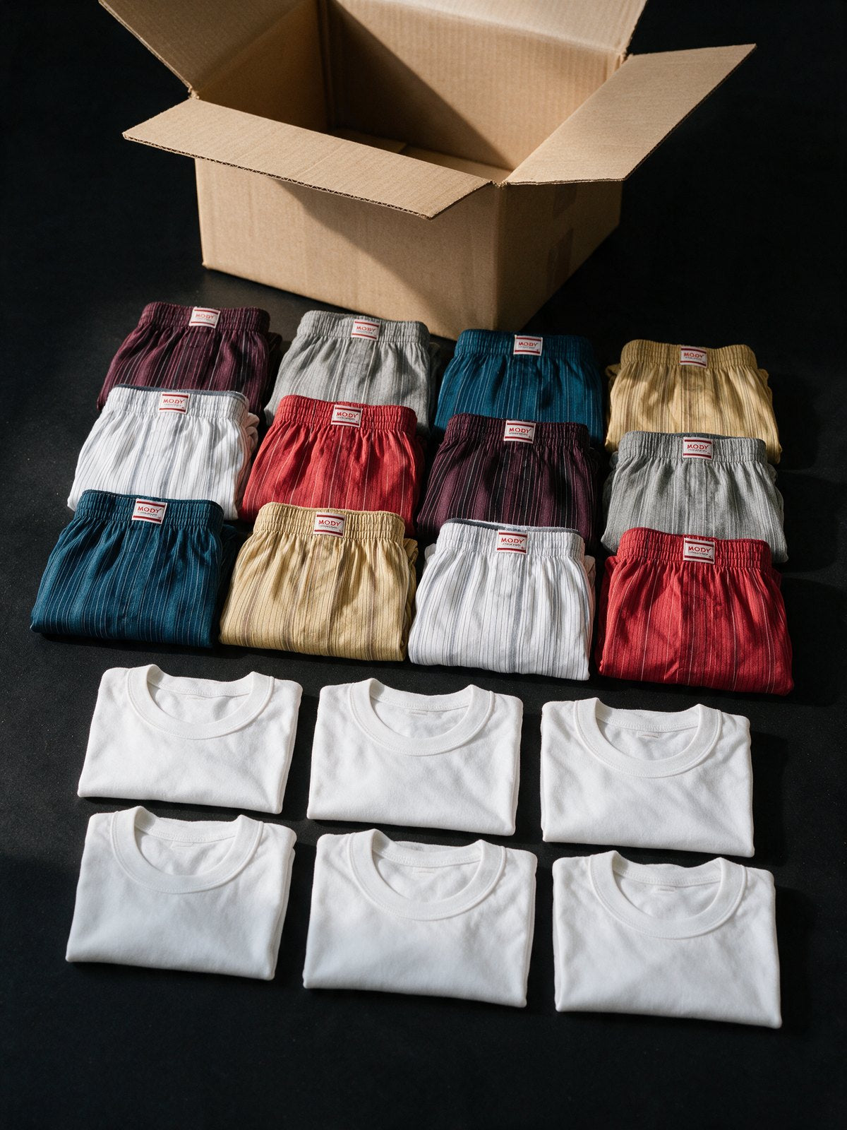 Essentials bundle, open box with 12 boxers and 6 undershirts