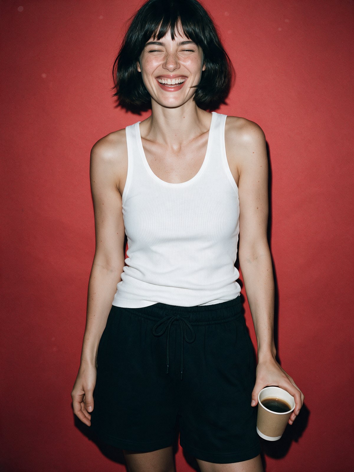 Woman laughing in a white ribbed tank on a red backdrop