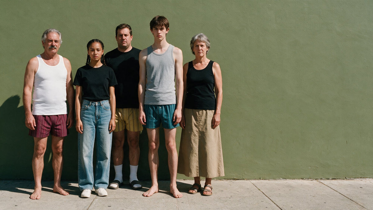 Five people of different ages in Mody basics against an olive wall